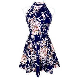 Navy Blue Floral Fit And Flare Halter Dress S 1/2
